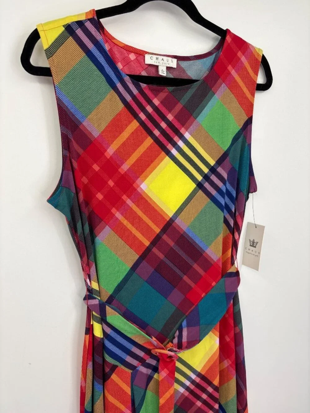 Chaus Stretch Plaid Asymmetrical Belted Midi Sleeveless Dress Red Size Large NEW - Picture 3 of 8